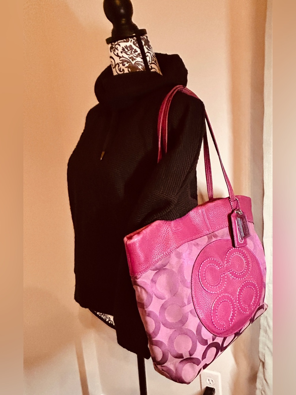 Coach Logo-Pattern Julia Lilac Pink Berry Tote with Leather Trim